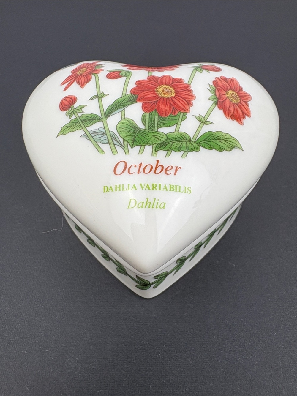 Portmeirion October Heart Trinket Box Red Dahlia Illustration Botanic Garden